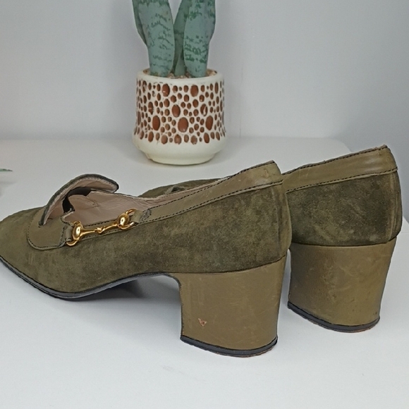 Vintage Gucci Olive Green Suede Block Kitten Heel Loafers Size 37 6.5 Vintage - Picture 5 of 13